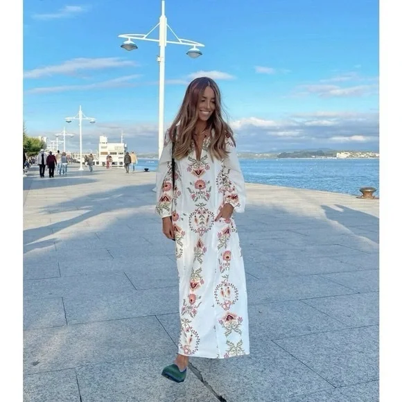 Zara Floral Kaftan Dress Print Midi Linen Cotton Blend XL - Picture 4 of 6